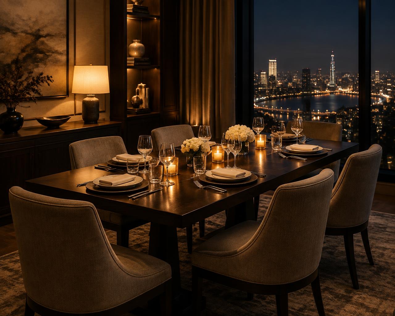 Private dining room overlooking a city at night